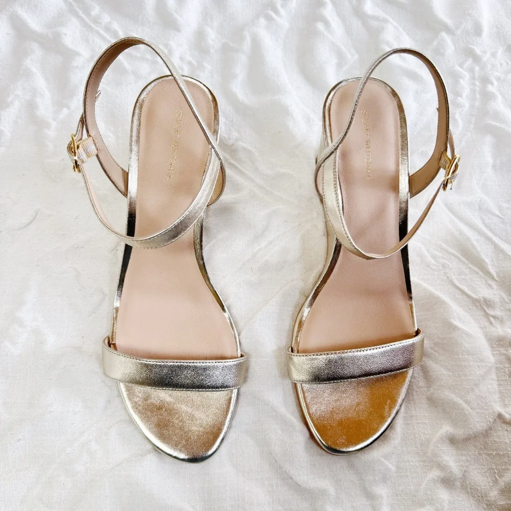 Stuart Weitzman Metallic Gold Wedge Sandals - Picture 7 of 9